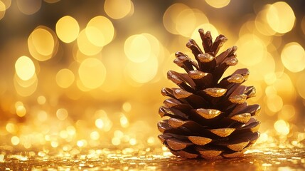 Poster - Pine cone on sparkling golden backdrop with bokeh lights creating a festive and warm atmosphere suitable for holiday themes