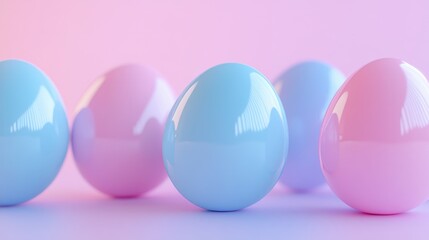 Poster - Pastel colored Easter eggs in pink and blue arranged aesthetically on a soft gradient background ideal for spring celebrations and decorations
