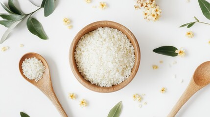 Wall Mural - Raw white rice in a wooden bowl surrounded by flowers and leaves on a white background flat lay presentation for culinary or health concepts