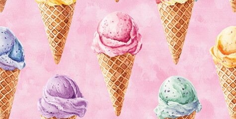 Poster - Colorful Ice Cream Cones on Pink Background for Summer Delight