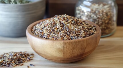 Canvas Print - Bowl of raw long grain wild rice showcasing rich brown and earthy tones on a wooden surface with a natural background.