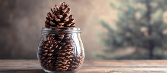 Poster - Pine cones elegantly displayed in a glass jar enhancing seasonal home decor and rustic interior design aesthetics.