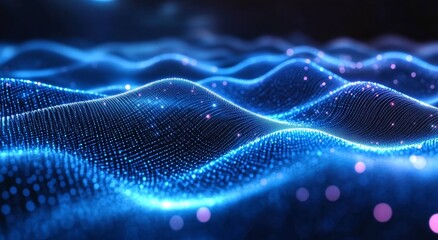 Aufkleber - Abstract Blue Waves With Glowing Particles Create a Digital Landscape Reminiscent of Sound Waves in a Mesmerizing Visual Representation of Technology