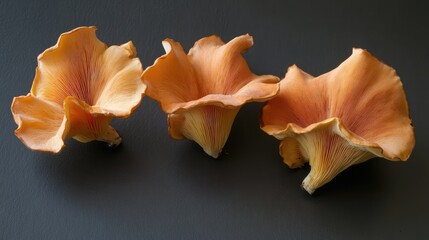 Canvas Print - Fresh chanterelle mushrooms displayed on a dark surface showcasing their vibrant colors and unique shapes in a natural setting.