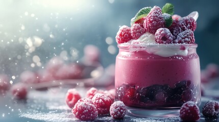 Wall Mural - Delicious raspberry milk dessert in a glass jar garnished with fresh mint and berries on a softly lit background