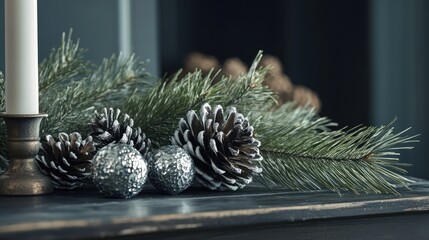 Poster - Pine branches and silver cones creating a festive atmosphere on a rustic wooden table with candlelight ambiance