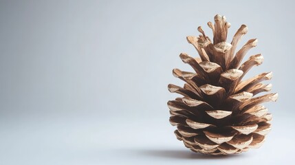 Poster - Pine cone resting on a light background showcasing natural textures and details of the seed pod in a minimalistic composition