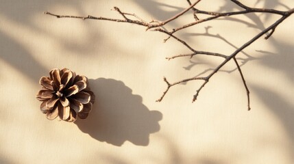 Poster - Pine cone and twig casting artistic shadows on a neutral background with space for text in a flat lay composition