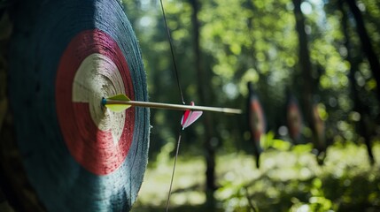 Poster - An adventurous archery session in a dense forest clearing, Bows and arrows set up for precision shooting, Outdoor sports style