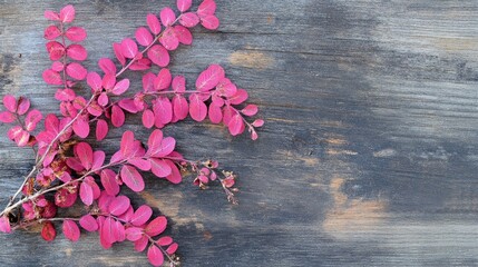 Poster - Vibrant pink acacia leaves arranged elegantly on a rustic wooden background showcasing nature's beauty and texture.