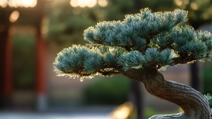 Poster - Pine tree with lush green foliage in a tranquil garden setting enhancing the serene ambiance of outdoor architecture.