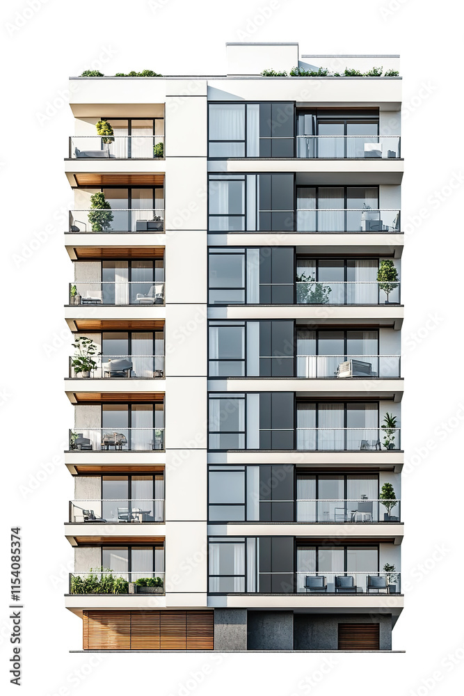 Front view modern apartment exterior isolated on a white background ...