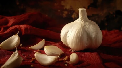 Wall Mural - Fresh garlic bulb and cloves with warm rustic backdrop highlighting natural textures and colors for culinary or health-related concepts.