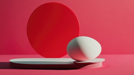 Poster - Minimalist still life composition featuring a white egg and geometric shapes on a vibrant pink background. Perfect for modern decor themes.