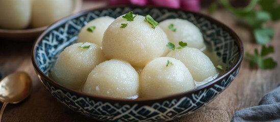 Poster - Delicious Rassgulla dessert served in a traditional bowl showcasing sweet chhena dumplings in light syrup garnished with herbs