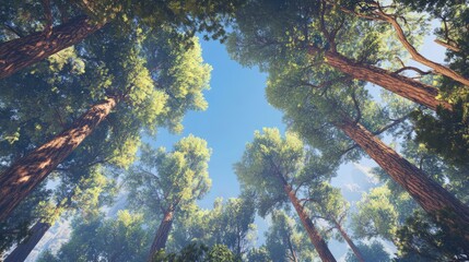 Poster - Majestic view of towering pine trees reaching towards a clear blue sky in a serene forest setting