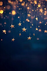 Poster - Twinkling Golden Stars Hanging Against a Dark Background Create a Magical Atmosphere Perfect for a Festive Celebration or Calming Ambiance