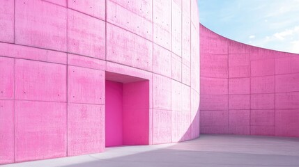Poster - Vibrant pink abstract cement wall texture with curved architectural lines and soft sunlight reflections for creative backgrounds.