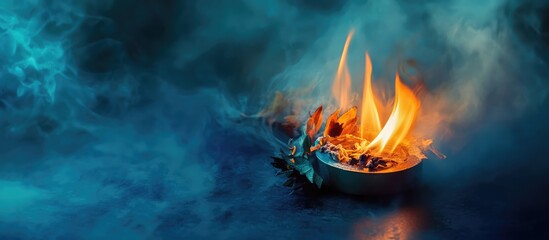 Poster - Burning garland on blue table with vibrant flames and smoke creating a dramatic and artistic visual representation of fire and color dynamics
