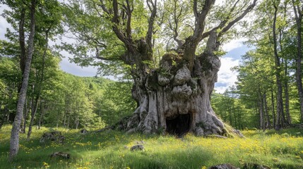 Poster - Majestic ancient tree surrounded by lush greenery and vibrant wildflowers in a serene forest setting showcasing nature's beauty.