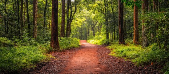 Poster - Serene Nature Trail Through Lush Green Forest in National Park Ideal for Outdoor Exploration and Relaxation