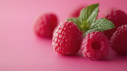 Wall Mural - Fresh ripe raspberries with vibrant green mint leaves on a soft pink background showcasing healthy and delicious summer fruits.