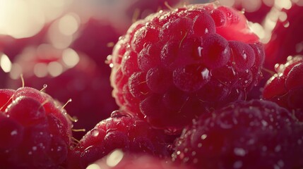 Wall Mural - Freshly harvested raspberries glistening in sunlight showcasing vibrant color and texture from home garden cultivation