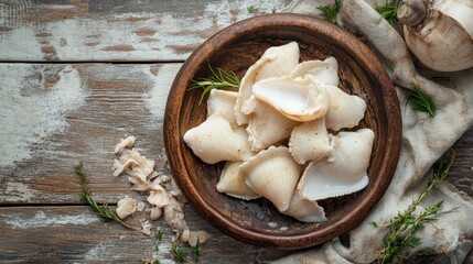 Wall Mural - Raw conch meat displayed in a rustic wooden bowl on a textured wooden table with fresh herbs and light fabric accents