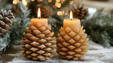 Poster - Pine cone shaped wax candles glowing warmly amidst festive decorations for a cozy ambiance in winter settings