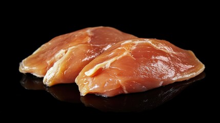 Wall Mural - Fresh raw chicken fillets on a reflective black surface showcasing texture and color ideal for culinary and food preparation themes.