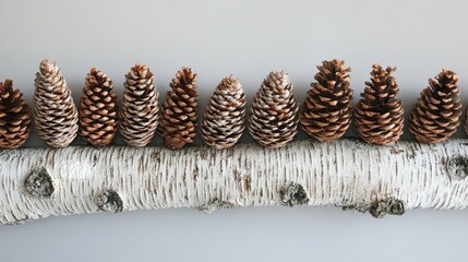 Poster - Pine cones arranged on a birch trunk creating a natural and decorative centerpiece against a neutral background