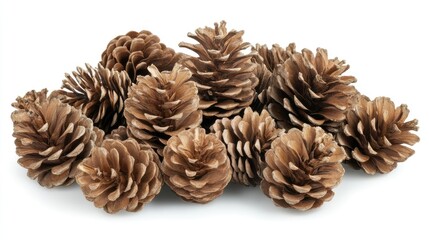 Poster - arrangement of natural pine cones on a plain white background creating a rustic and earthy aesthetic for seasonal decor or crafts