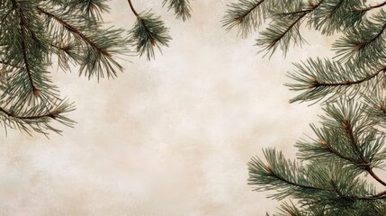 Poster - Pine tree branches framing a textured neutral background creating a calm and natural atmosphere for design and decoration purposes