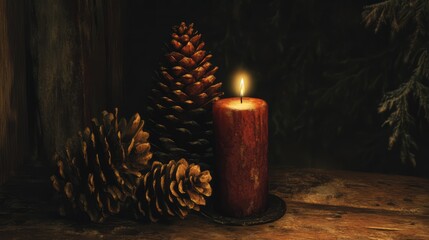 Poster - Rustic pine cones and lit candle on wooden surface evoking a cozy and warm atmosphere for autumn or winter decor.