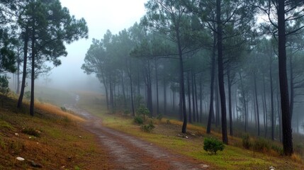 Poster - Mysterious pine forest pathway shrouded in mist creating a serene and tranquil atmosphere for nature lovers and outdoor enthusiasts.