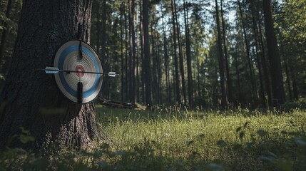 Poster - An adventurous archery session in a forest clearing, Bows and arrows set up for precision shooting, Outdoor sports style