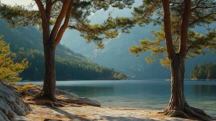 Poster - Serene mountain lake view framed by pine trees under soft sunlight and misty peaks in the background capturing nature's tranquility