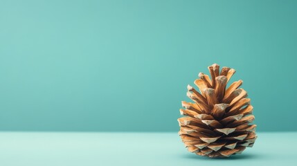Poster - Pine cone positioned on a smooth teal background highlighting natural textures and rustic charm for nature-themed designs.