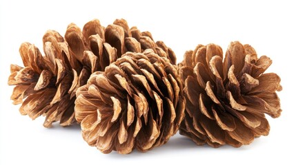 Poster - Three textured pinecones arranged together on a white background showcasing natural beauty and organic elements for design or decoration purposes.