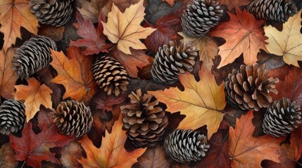 Poster - Autumn composition featuring pine cones and colorful leaves on a textured natural background for seasonal decor and nature themes