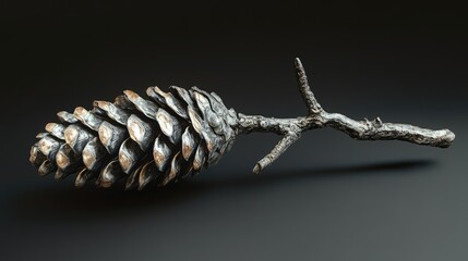 Poster - Pine cone attached to a branch isolated on a dark background showcasing natural textures and details for decorative or botanical use
