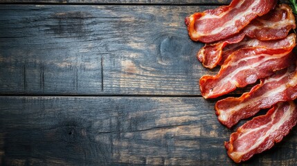 Wall Mural - Freshly sliced raw bacon on rustic wooden surface showcasing texture and color ideal for culinary or food-themed projects