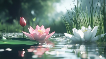 Poster - Serene garden pond with pink and white waterlilies surrounded by lush grass and gentle reflections in tranquil water.