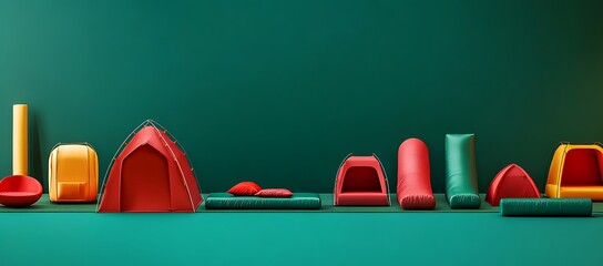 Poster - Colorful Camping Gear Arranged Against a Teal Background