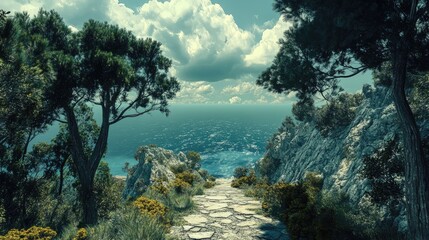 Poster - Scenic pathway through pine trees leading to a serene emerald sea under a dramatic sky with fluffy clouds