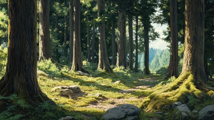 Poster - Pine tree forest pathway with tall trunks and lush green undergrowth in bright summer sunlight