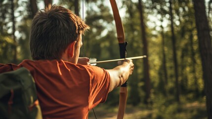 Poster - An adventurous archery session in a forest clearing, Bows and arrows set up for precision shooting, Outdoor sports style