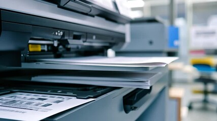 Poster - Copier printer in action showing paper tray filled with sheets in a busy office environment, Copier printer in action, closeup of paper tray, printing process