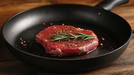 Wall Mural - Freshly prepared pork steak in a frying pan garnished with rosemary and spices ready for cooking on a rustic wooden kitchen countertop