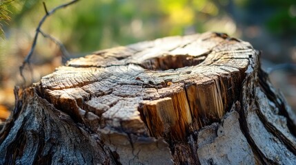 Poster - Pine tree stump with detailed texture and selective focus in a lush forest environment showcasing natural beauty and serenity